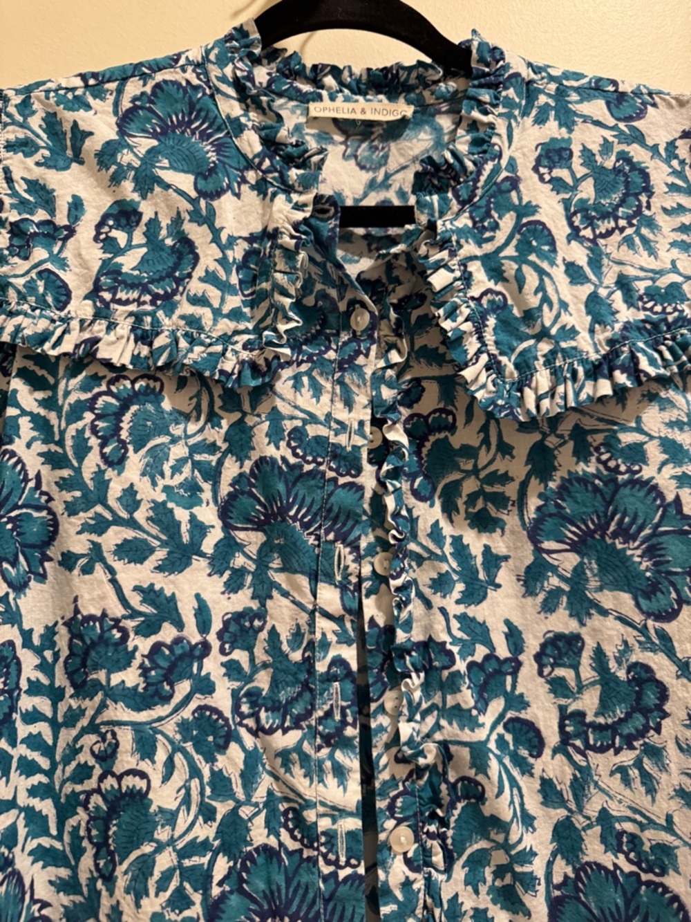 Teal Floral Ruffle-Collar Button Front Blouse size S - Picture 4 of 5